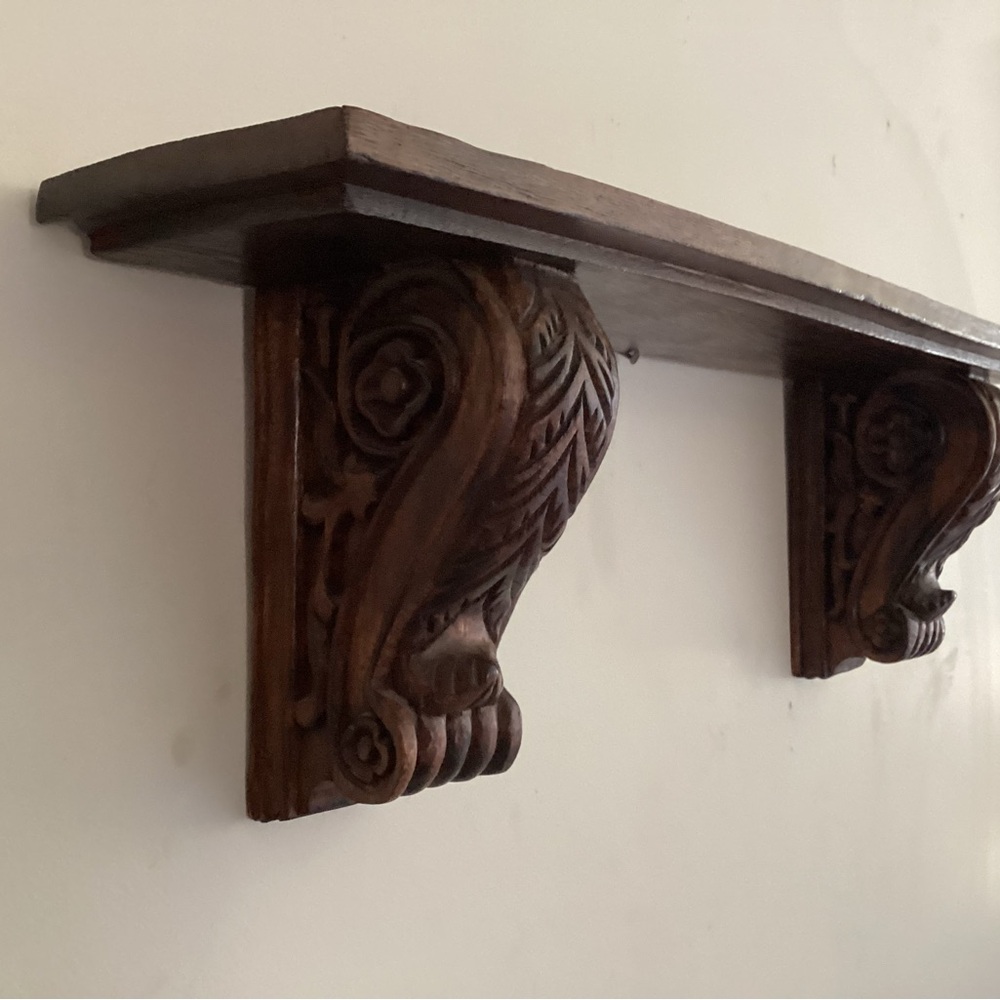 Vintage Ornate Carved Mahogany Wall Shelf with Corbel Brackets